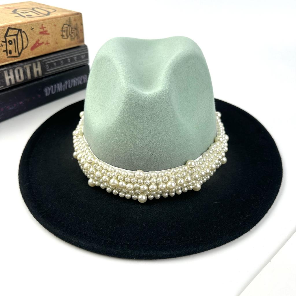 Women's New Fashion Pearl Accessories Woolen Top Hat Color Matching Jazz Hat European and American Style Men's Outdoor Sun Hat