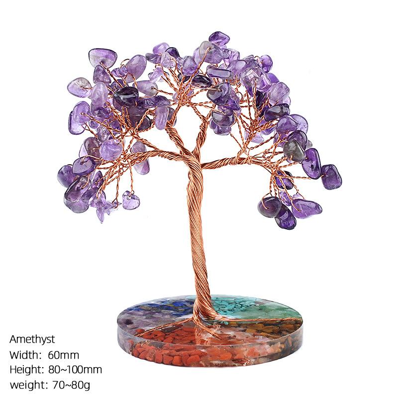Natural Amethyst Stone Money Tree Ornament Chakra Crystal Chip Life Tree Resin Base Creative Home Desk Decor