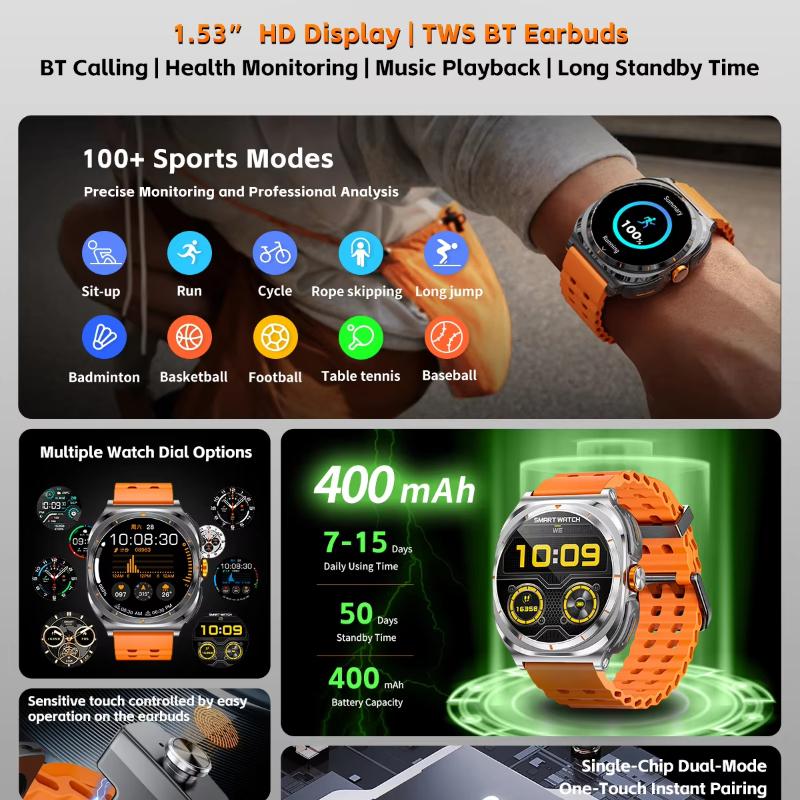 2025 New Smart Watch 2 In 1 Earphone Smartwatch Bluetooth Call for Men Watch Navigation Heart Rate Monitor Sports Music SmartWatch