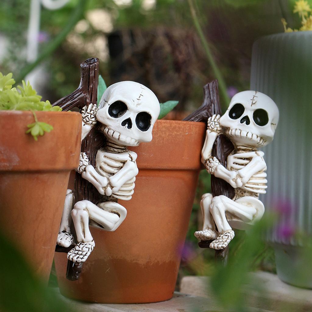 Halloween Skeleton Garden Statue Skeleton Holding Branch Funny Spooky Flowerpot Decor for Shelf Table Outdoor Garden