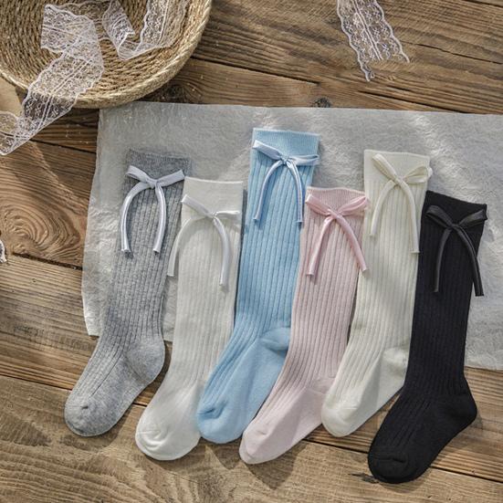 1 Pair Children Socks High School Long Tube Solid Color Stockings Princess Style Bow Decor Calf Socks Spring Autumn Wear