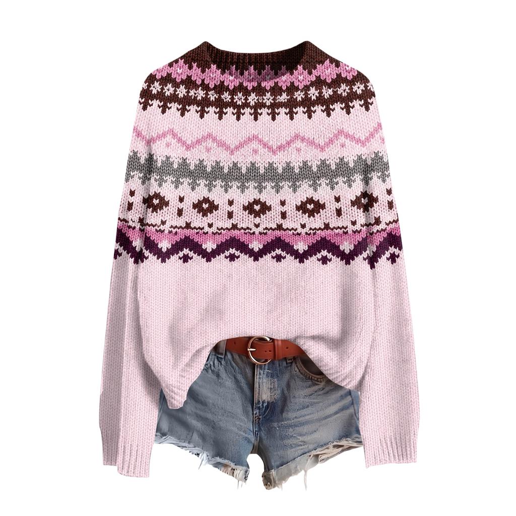 Women's Soft Printed Neck Long Sleeve Sweater for Fall and Winter
