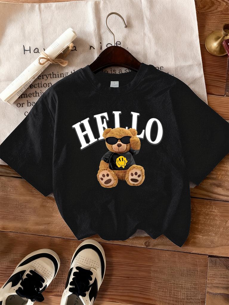 Cute Bear Says Hello Printed TShirts Women Casual Soft Short Sleeve Tops Loose ONeck T Shirts Summer Comfortable Woman Clothes