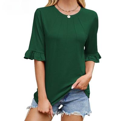 Women's Spring and Summer New Solid Colour Striped Round Neck Ruffled Sleeve Mid-sleeve T-shirt Tops