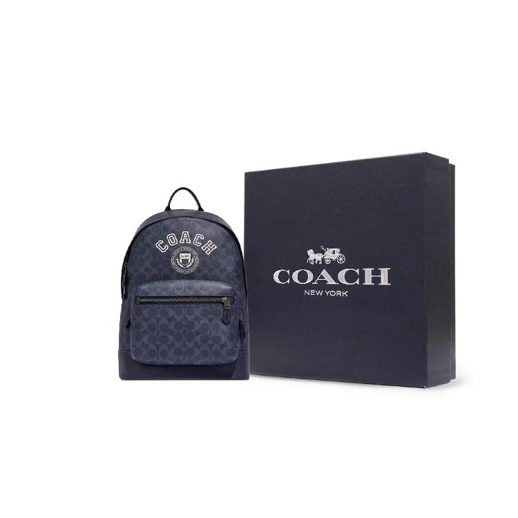 COACH West Artificial Leather Backpack Large Men's Denim Blue Chalk White (Unisex) Backpacks CB909 QBOIZ