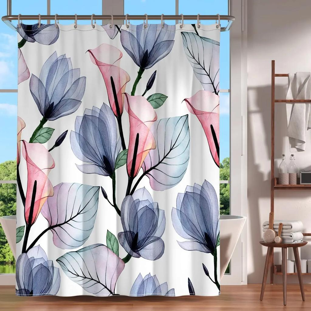 Floral Shower Curtains for Bathroom Pink Plant Flowers Watercolor Butterfly Wildflower Botanical Bathroom Curtain Set,Waterproof
