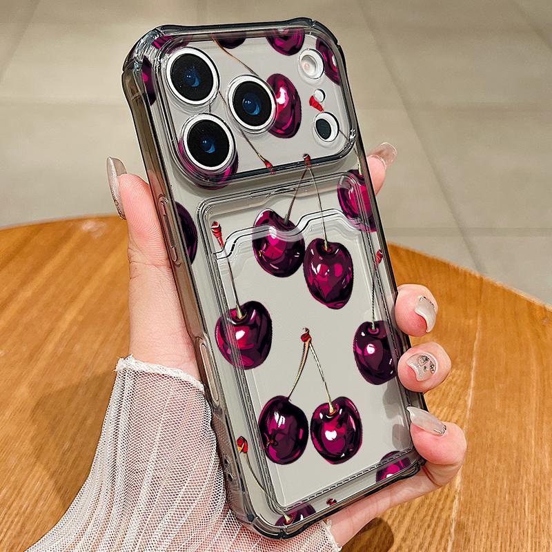 Card Slot Pocket TPU Case For iPhone 17 16 Pro 15 14 13 Pro Max 11 Shockproof Cartoon Fruits Pattern Soft Silicone Phone Cover