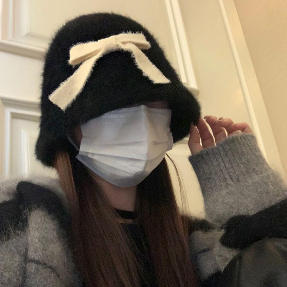 Harajuku Plush Basin Hat Thickened Fluffy Fisherman Hat Sweet Bow Bucket Hat Winter