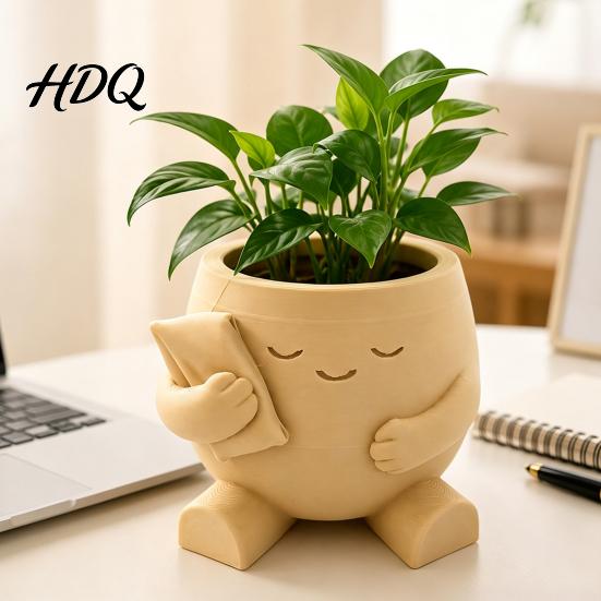 Succulent Planter Pot 3D Printed Cute Character Planter Sleepy Face Flower with Modern Minimalist Plant Basin Pillow Mini Desktop Container