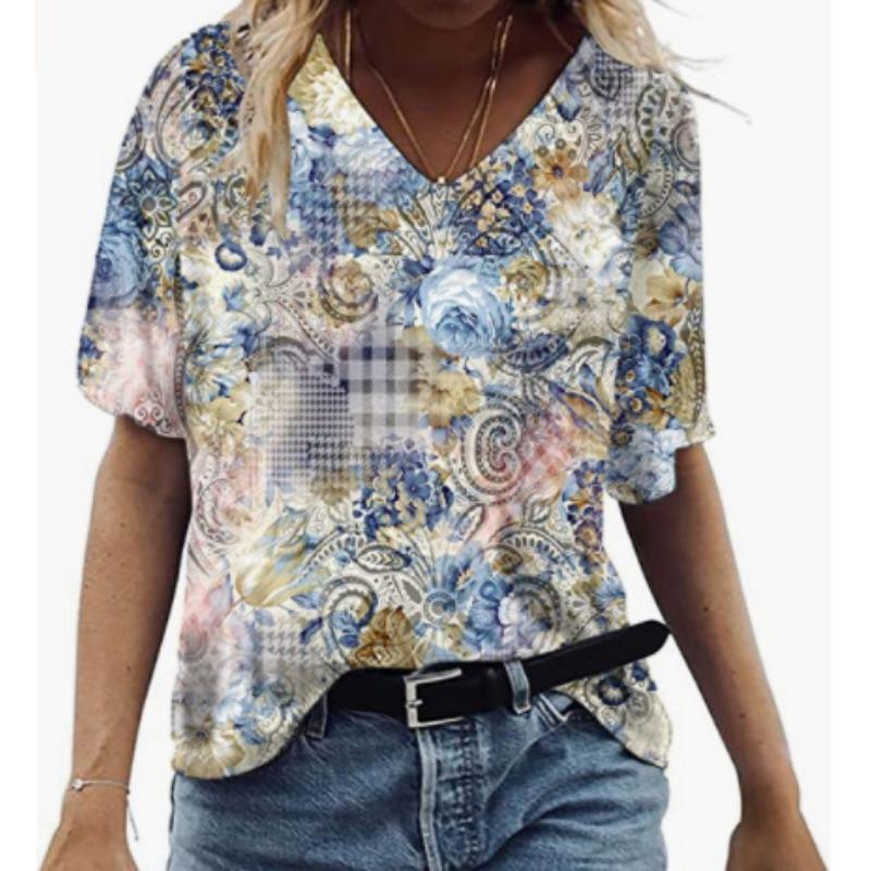 Summer V-neck 3D Feather Flower Printed Top Fashionable Casual Short Sleeved Women's T-shirts