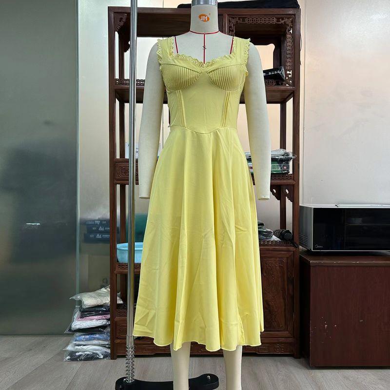 

Модный стиль V-образный вырез Утягивающее талию На шнуровке Элегантное Сексуальное Кружевное платье на бретелях Сексуальное платье на подтяжках Yellow M