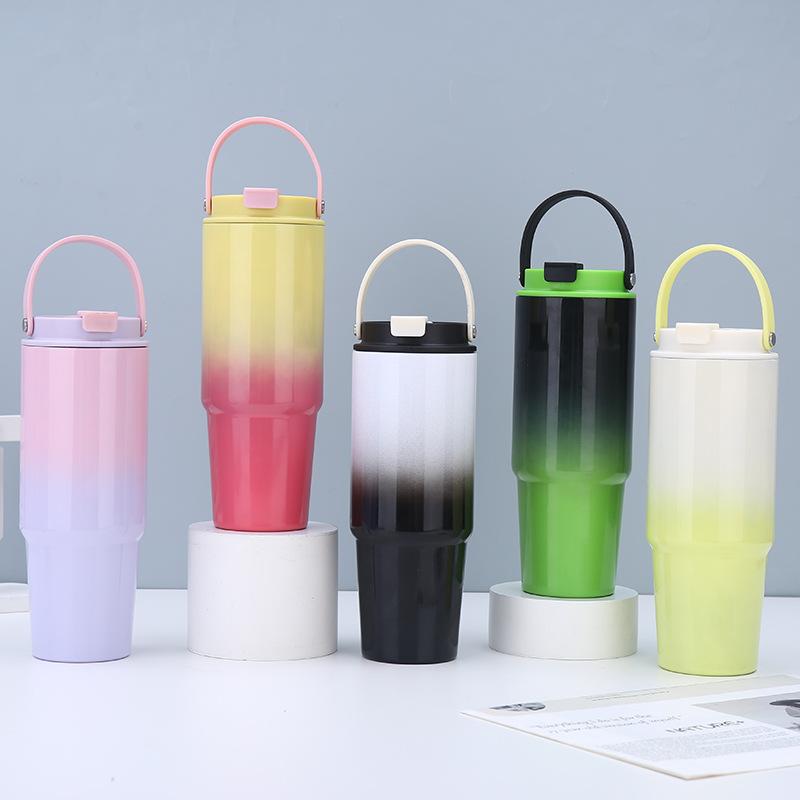 30oz Gradient Color Insulated Tumbler, 304 Stainless Steel Vacuum Cup, Portable Travel Mug with Handle