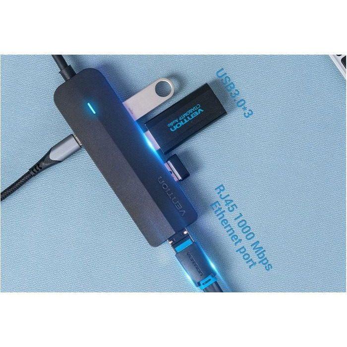 Vention 5-en-1 USB-C vers 3x USB 3.0 / Adaptateur RJ45 Gigabit Ethernet / Micro-B HUB 0.15M Noir ABS Typ