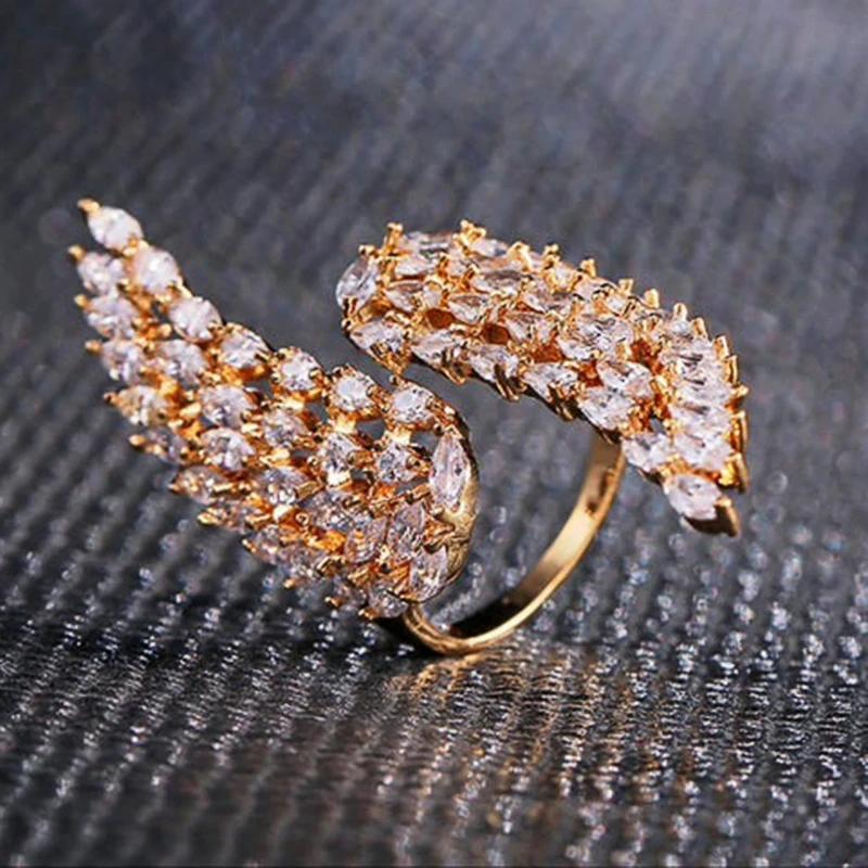 Huitan Angle Wing Design Women's Open Ring with Cubic Zirconia Aesthetic Style for Wedding Party Accessories Anniversary Gift