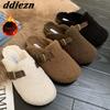 Fashion Fashion Buckle Strap Women Mules Fur Slippers 2024 Winter Warm Ladies Flat With Furry Shoes Casual Outdoor Indoor Female Slides