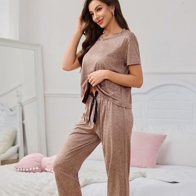 Luxurious and Elegant Solid-color Short-sleeved Shirts Long Pants Two-piece Bathrobe Home Wear Pajamas for Women