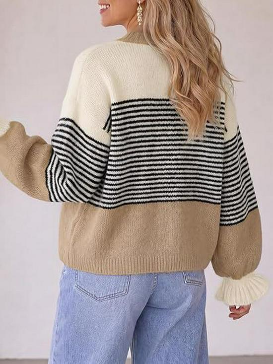 2026 European and American Color Block Striped Knit Cardigan for Women - Loose, Lazy Style Sweater Coat for Autumn/Winter