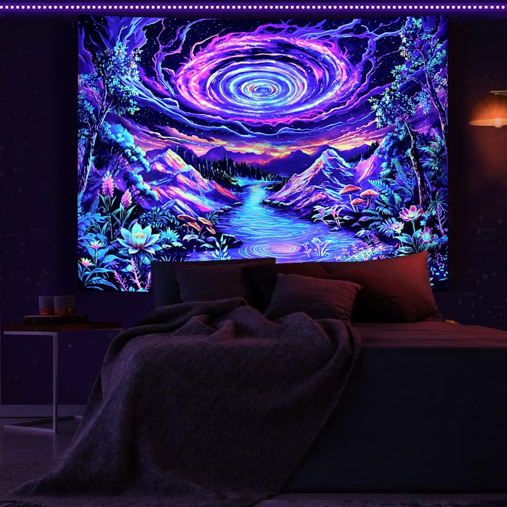 Leofanger Blacklight Galaxy Space Tapestry Colorful Starry Sky Tapestry UV Reactive Neon Plant Floral Wall Tapestries Trippy Mountain Tapestries Wall