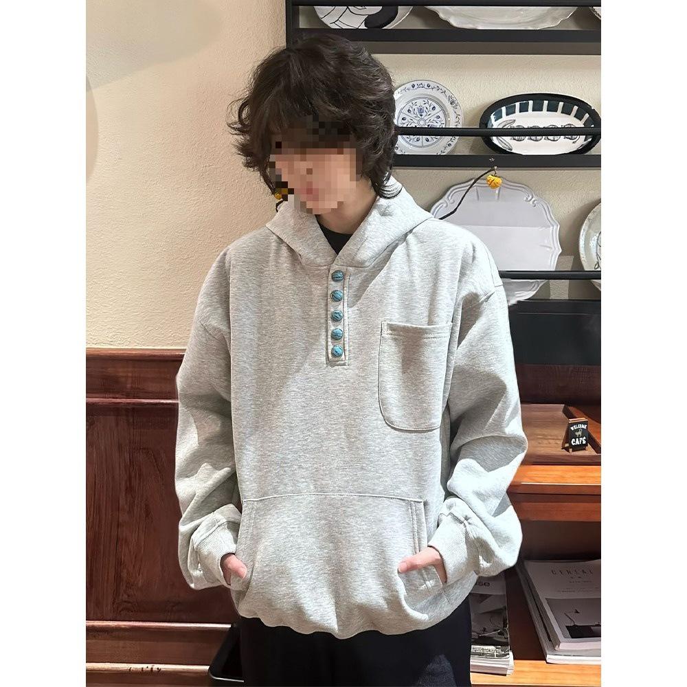 Unisex Retro Henley Neck Pullover Hoodie: Autumn/Winter Casual Long-Sleeve Top