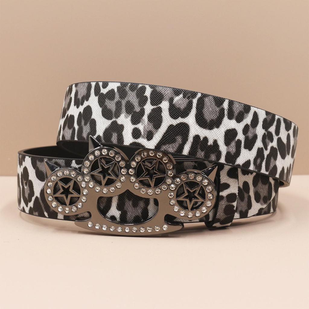 Y2K Leopard Print Rhinestone Tiger Claw Punk Women's Leather Belt