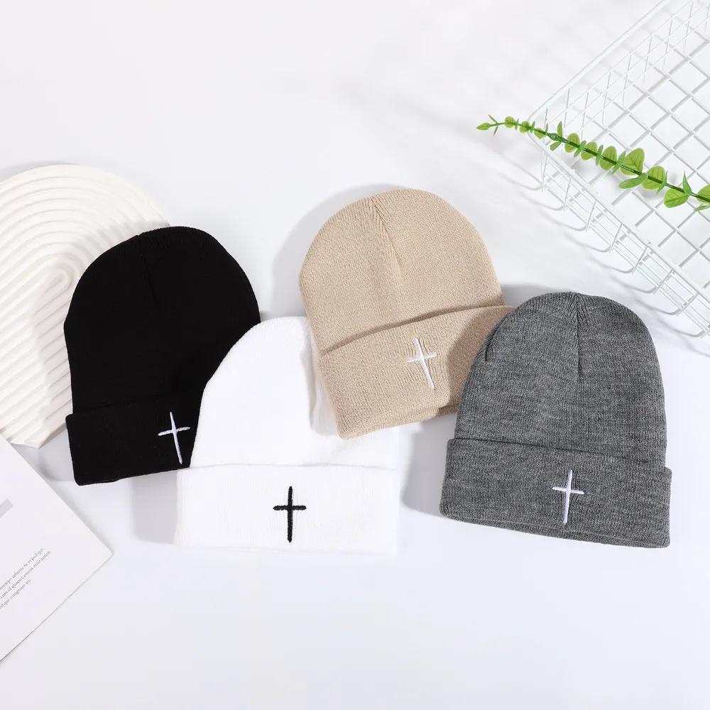 Natural NewFashionable Beanie: Cross Embroidered Knit Cap, Stylish Beanies for Women, Unisex Winter Hat for Outdoor Casual Wear