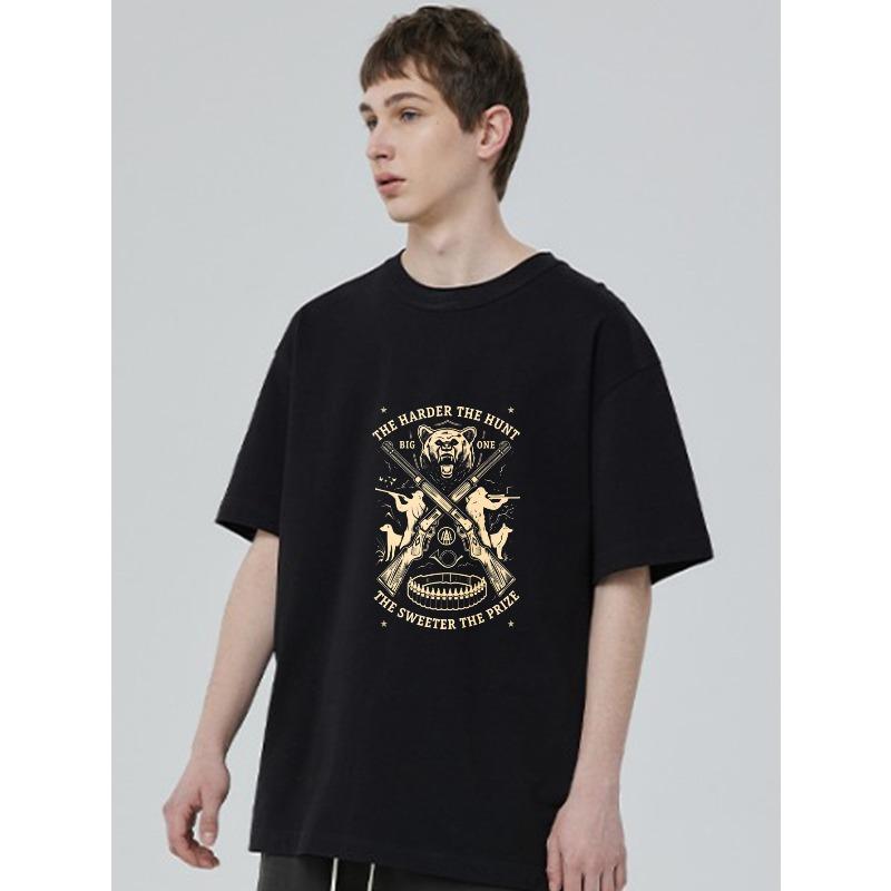 Black T Shirt With Bear And Crossed Guns Graphic And The Harder The Hunt The Sweeter The Prize Text For Casual Wear