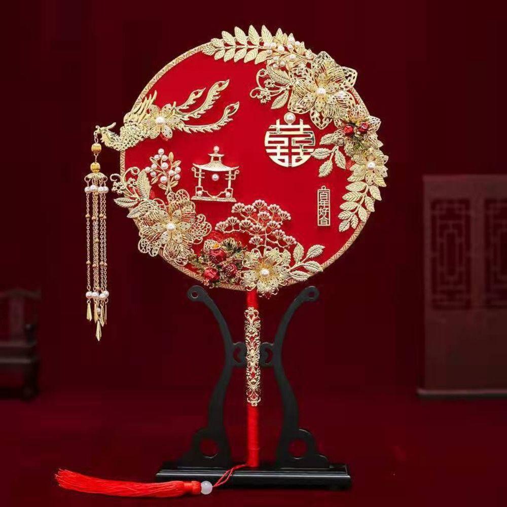 Tassels Phoenix with Pendant Handheld Bridal Group Fan Hand Bouquets Chinese Fan Embroidery Fan