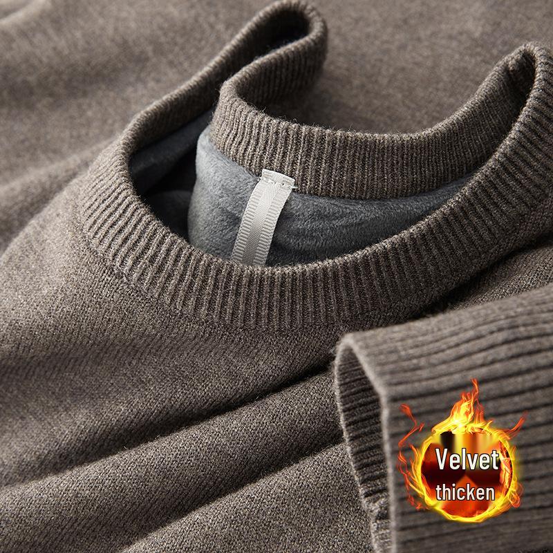 Men’s Winter One-Piece Velvet Sweater: Round-Neck, Thickened Base Layer, Warm Solid Color Knitwear