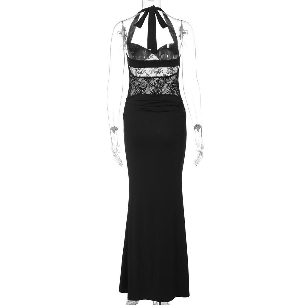 2026 Spring/Summer Women's Sexy Backless Lace Patchwork Halter Dress
