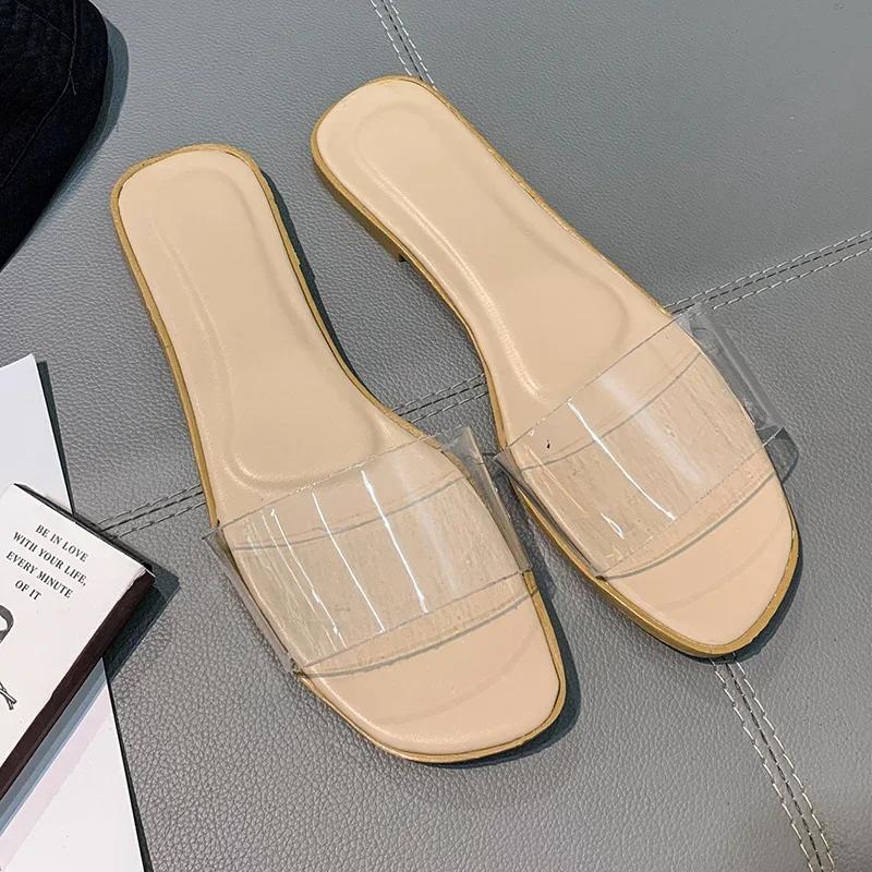 Fashion New Summer Women'S Simple Crystal Slippers Woman Transparent Flat Open Toe Solid Color One-line Beach Slippers Female Sandals
