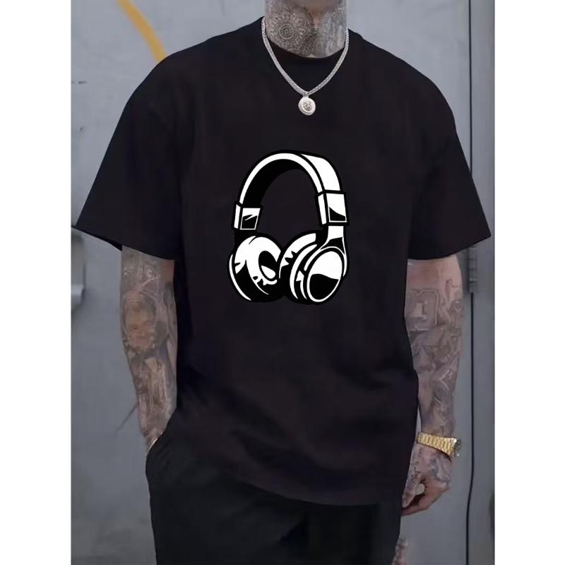 Herren-Kopfhörer Grafikdruck T-Shirt - Rundhals Sommer Kurzarm Shirt, Maschinenwaschbar, Vielseitiger Streetstyle, Modisches Atmungsaktives Gewebe