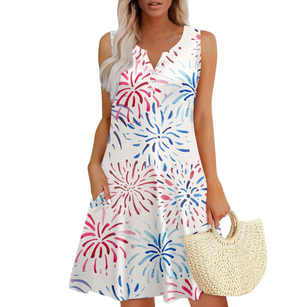 Women's Summer Casual V-Neck Floral Independence Day Button-Down Dress With Pockets
