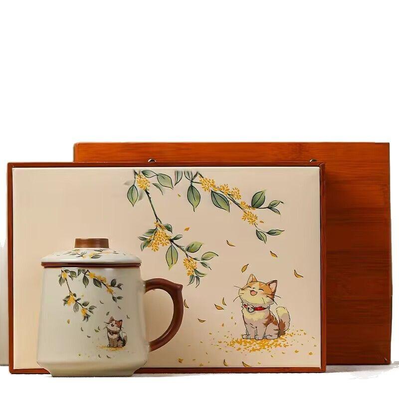 Beige Ru Kiln Teacup Large Capacity Ceramic Tea Separation Cup Museum Merchandise Teacup Team Building Meeting Commemorative Cup