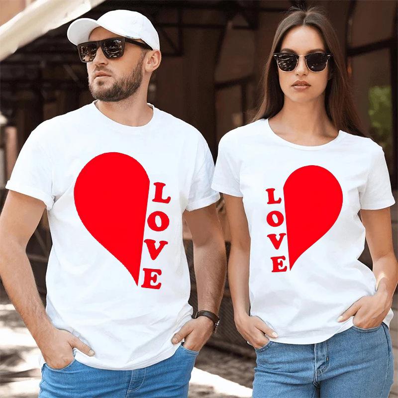 Lovers Valentine's Day Love Printed Trendy High Street Fashion Short Sleeve Casual Versatile Loose Cotton Short Sleeve Top T-Shirts Unisex