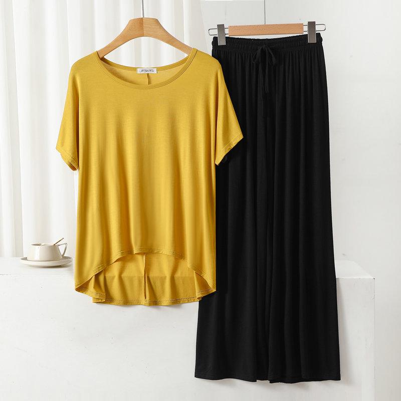 Damen Übergröße Freizeit-Pyjama-Set: Modal Rundhals Kurzarm Oberteil & Weitbeinige Hose