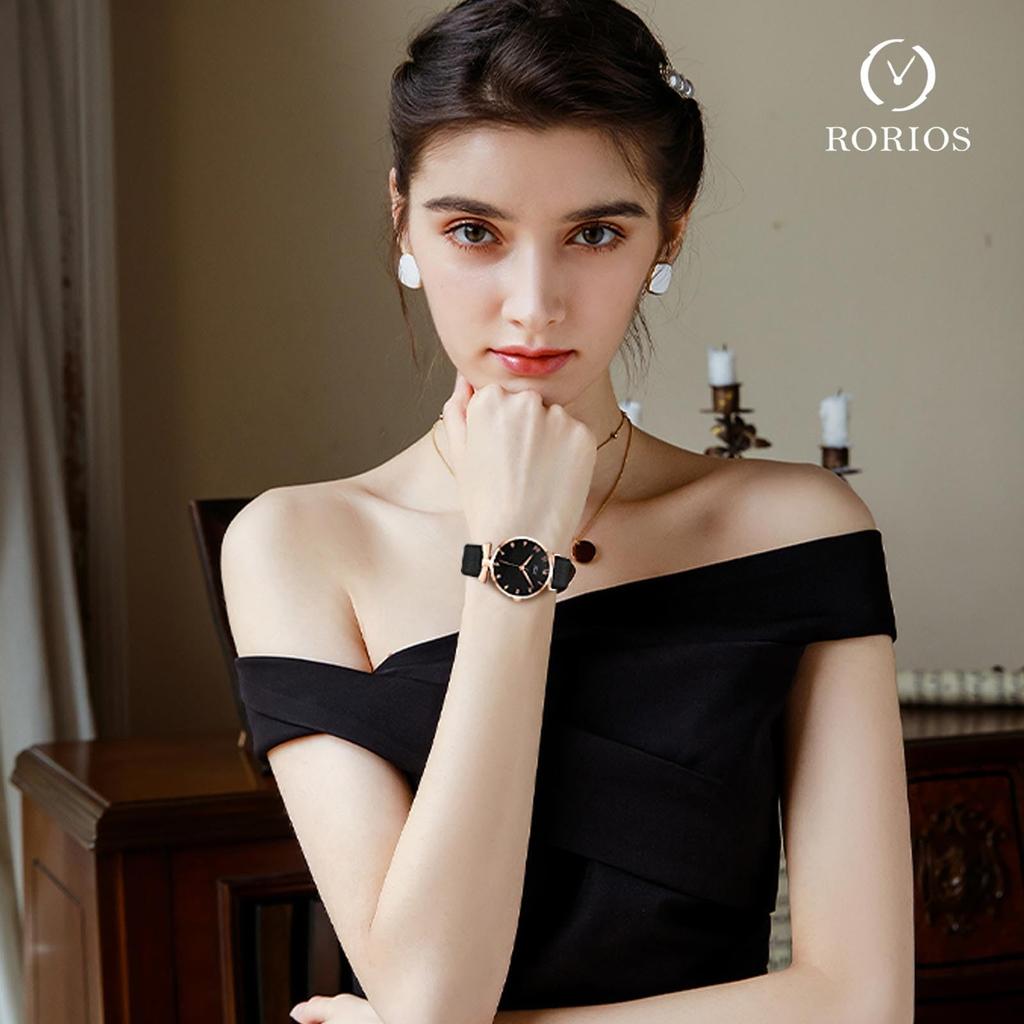 RORIOS Stylish and Quartz 30M Water Synthetic Leather Perfect for Casual Birthday Black Women's Watch, Cute, Movement, Resistance, Band, Commuting,