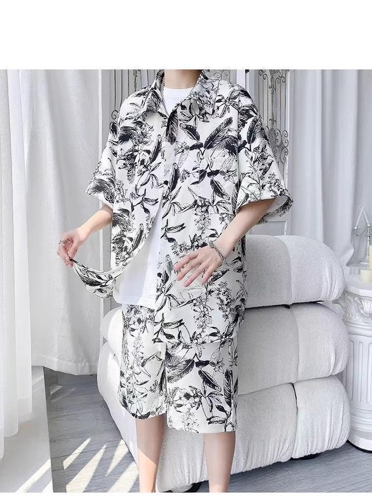 ZY30 Men's Summer Tie-dye Ice Silk Floral Two-piece Casual Set with Short-sleeved Shirt and Shorts
