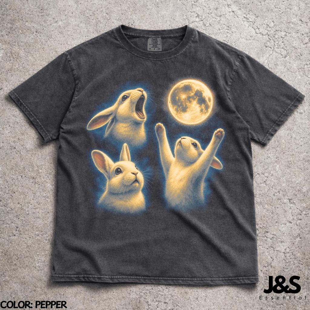 Three Bunny Moon Vintage 90s Graphic T-Shirt, Retro Silly Rabbit Gift, Screaming Bunny Full Moon Tee, Aesthetic Galaxy Meadow Nature Art