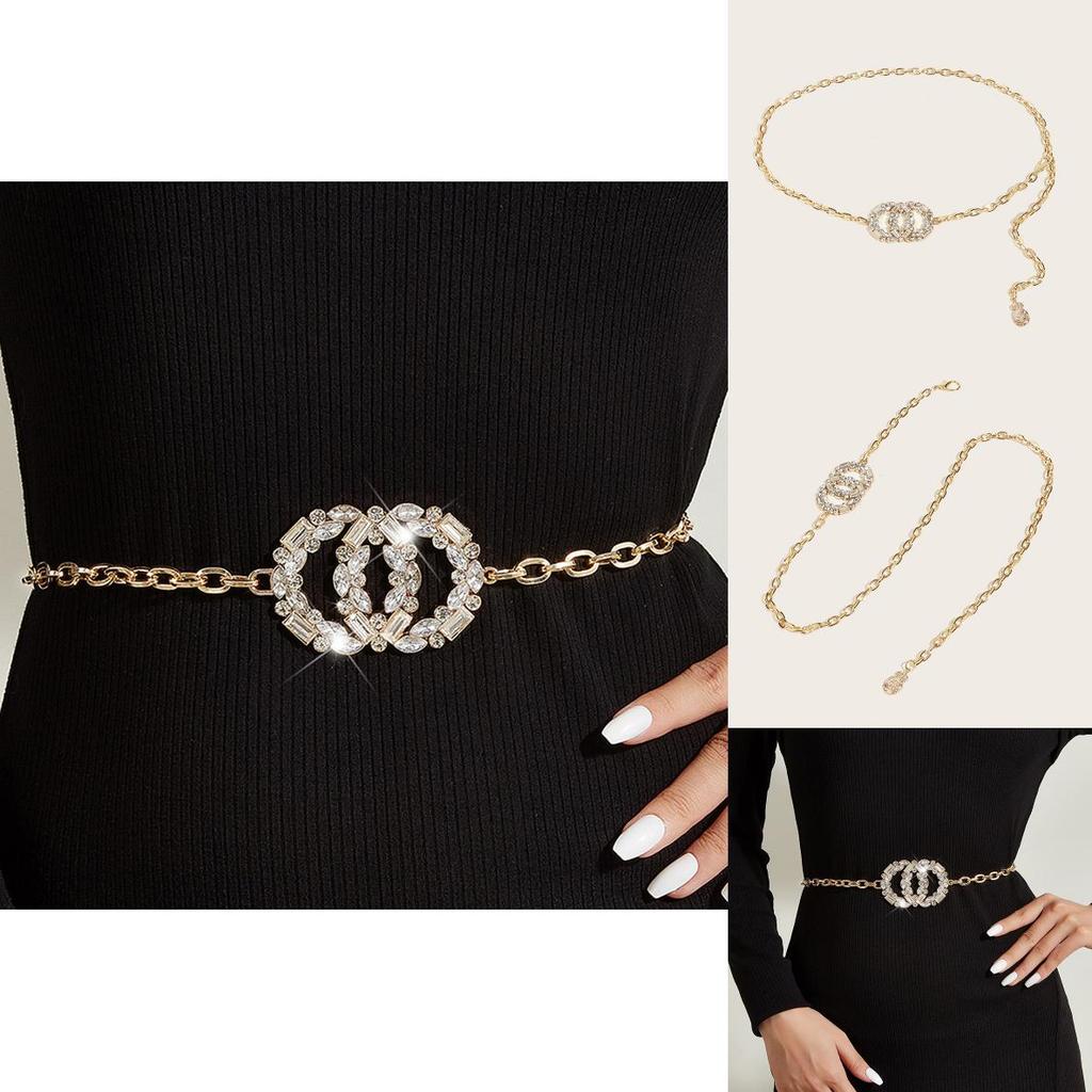 Stylish Metal Chain Waist Accessory With Water Drilled Double Circles For Womens Fashion