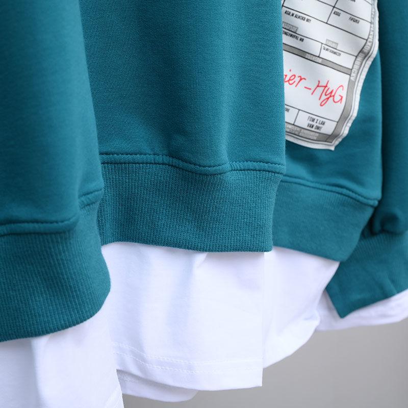 Plus Size Women Letters Streetwear Oversized Long Sleeve Patch Fake 2 Pieces Sweatshirt Casual Pullovers Tops Female Clothing