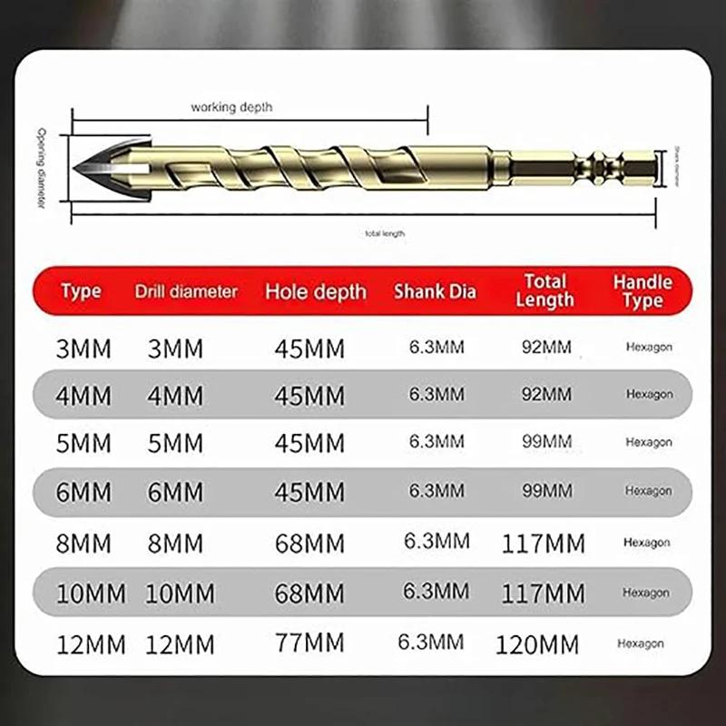 3-12mm Cross Hexagon Tile Drill Bits Set For Ceramic Carbide Glass Metal Alloy Cross Tile Drill Bit Set Drilling Tools