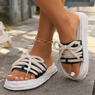 Summer Fashion Thick Sole Round-toe Slippers Women's Popular Hollow VacationZapatos Mujer Casual Comfort Sandals Lace-on Sexy
