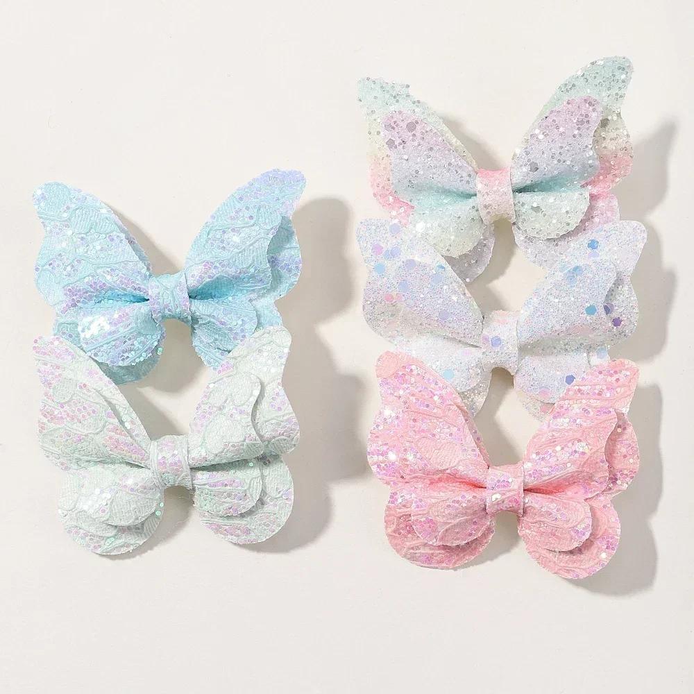 2/4/5Pcs Girls Cute Sequins Double Butterfly Hair Clip Bow Hairpins DIY Headwear Bow Decor Hairgrip Toddler Hair Accessories