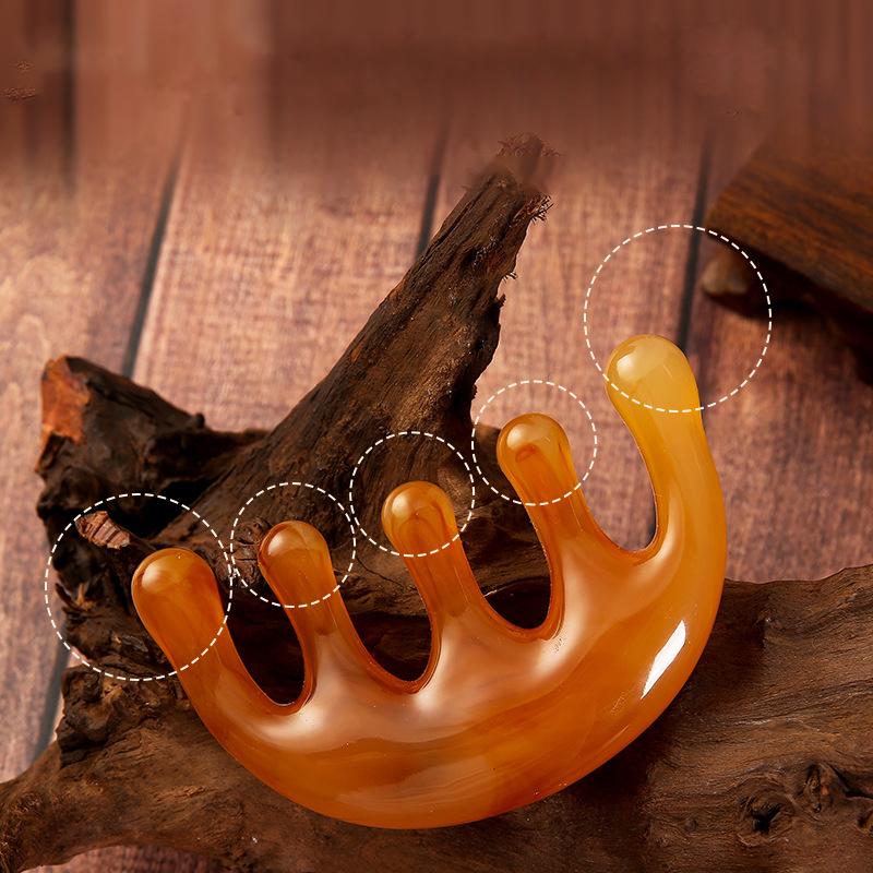 Große Zähne Kopf Akupunkturpunkt 5-Zahn Meridian Blut Massagekamm Harz Großzahn Kopfmassagegerät 5-Pfoten Halbrund Form Kamm