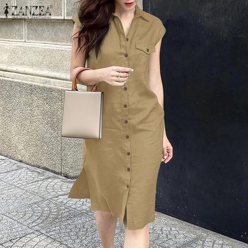 ZANZEA Women Turn Down Collar Solid Color Summer Sleeveless Dress