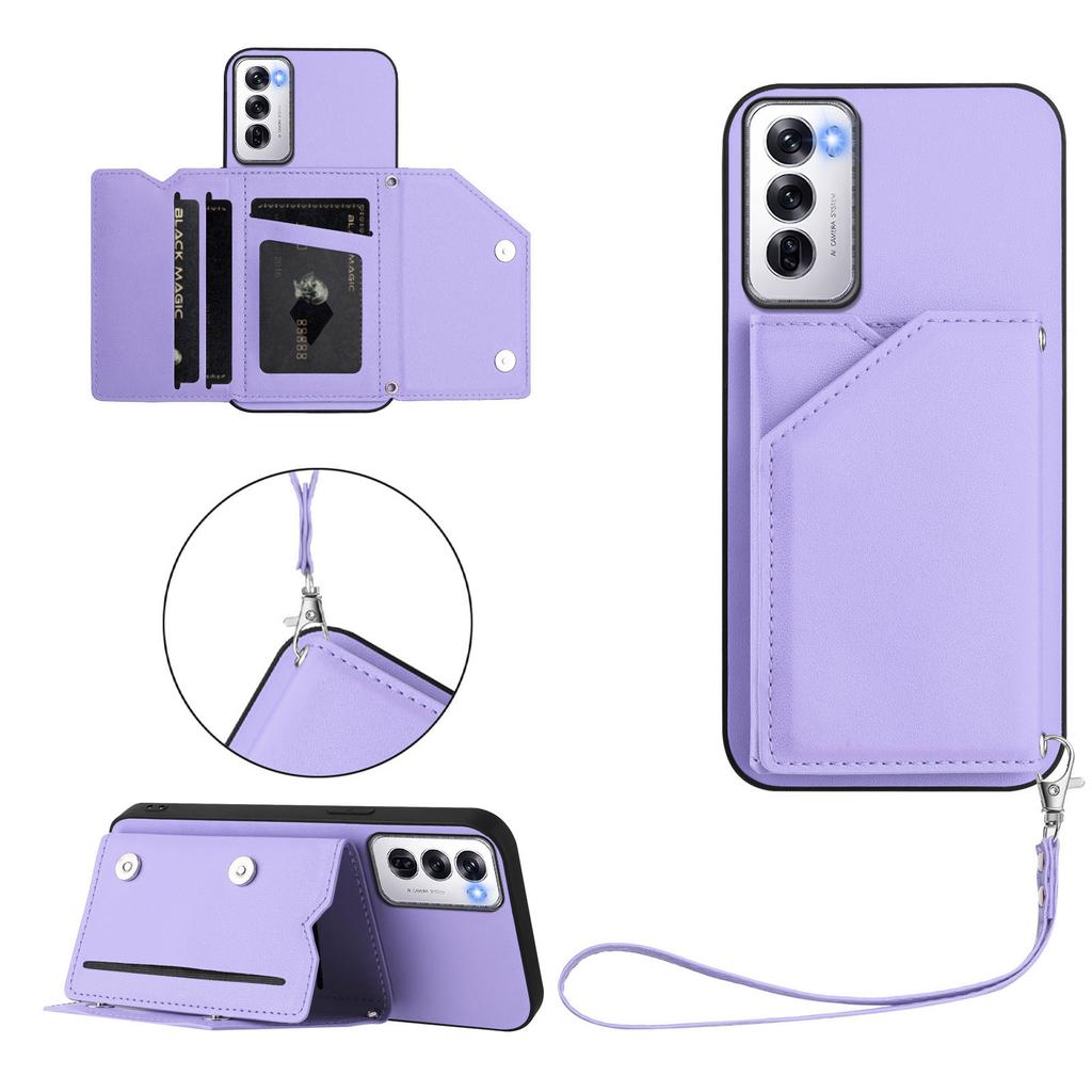 For Oppo Reno12 5G (Global) Case Card Holder Kickstand Skin-Touch Phone Cover with Wrist Strap