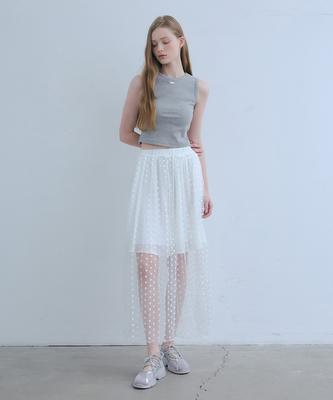 Odier [Set]_Flower Volume See-Through + Wrinkle Skirt-Ivory