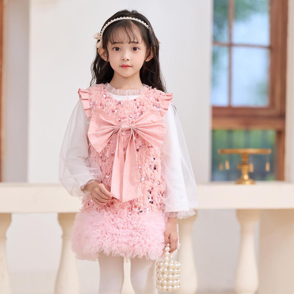 Baby Girl's Fluffy Sequin Bow Vest Dress - Korean Style Spring Party Princess Outfit