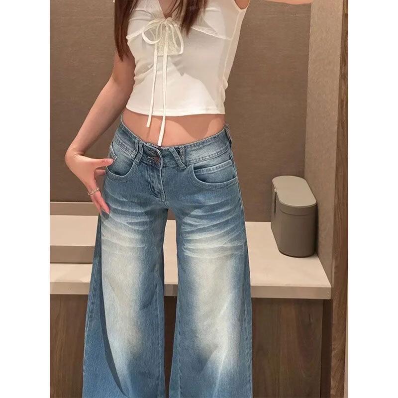 Women s American Retro Washed Wide-Leg Low-Waist Denim Jeans XL