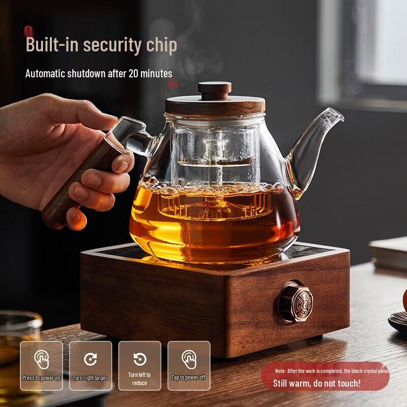 YIHUTEA Glass Tea Pot and Walnut Wood Stove Set